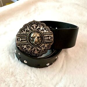 Maje black leather belt lion buckle and silver studs EUC